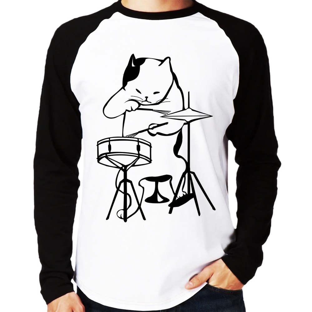 Camiseta Raglan Gato Baterista Manga LongaCamiseta Raglan Gato Baterista Manga Longa  