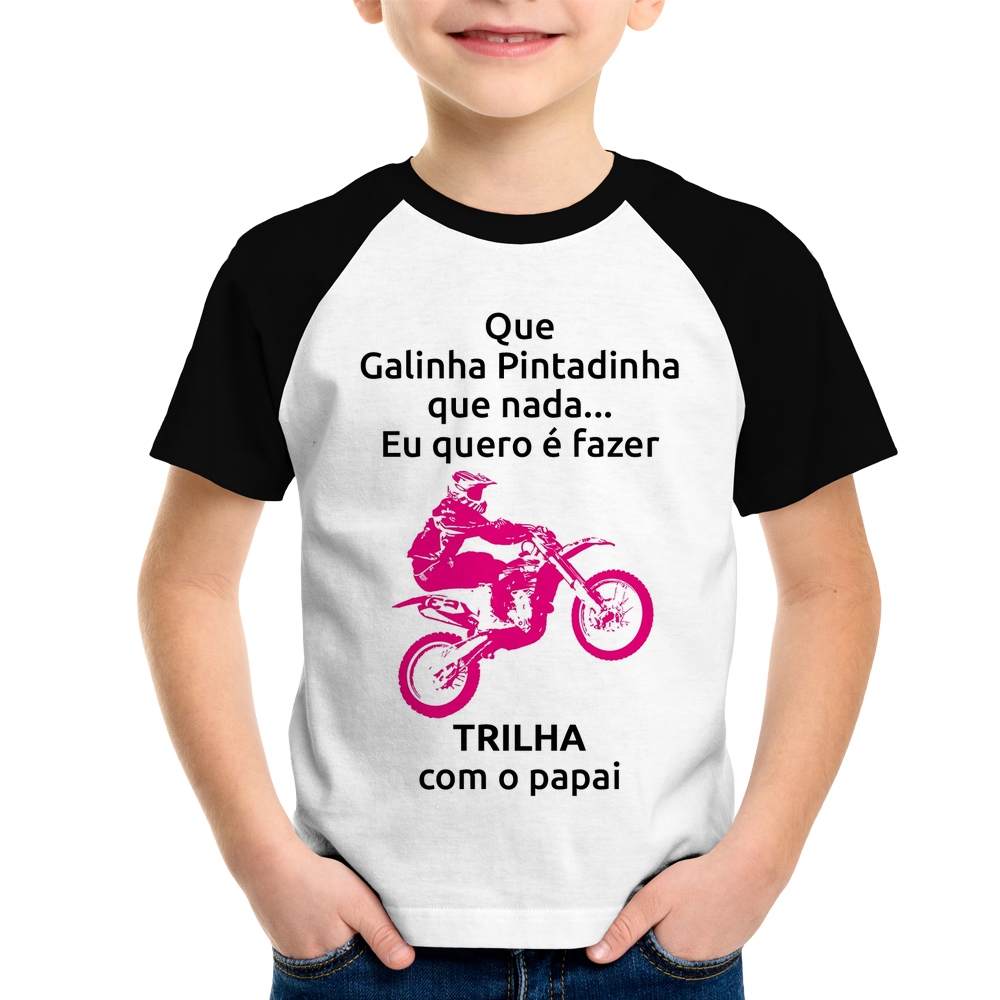 Camiseta Raglan Infantil Trilha com o papai (moto rosa)