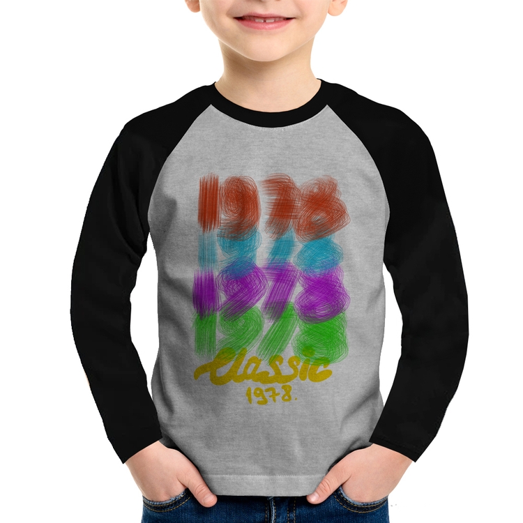 Camiseta Raglan Infantil 1978 Classics Manga Longa - Cinza/Preto