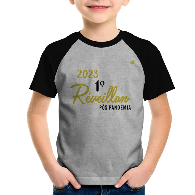 Camiseta Raglan Infantil 2023 1º Réveillon Pós Pandemia - Cinza/Preto