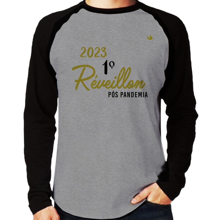 Camiseta Raglan 2023 1º Réveillon Pós Pandemia Manga Longa - Cinza/Preto