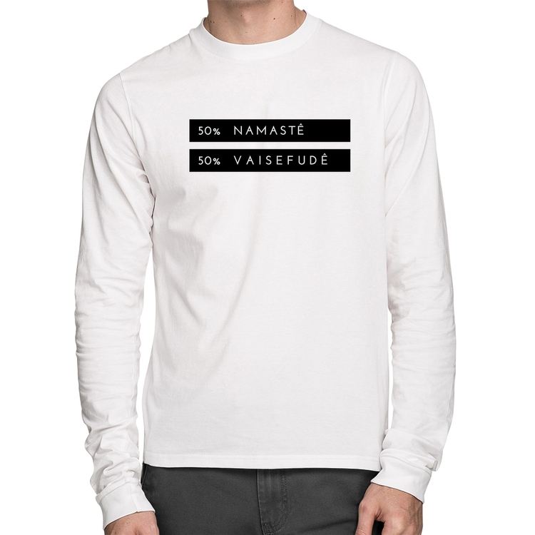 Camiseta Algodão 50% Namastê 50% Vaisefudê Manga Longa - Branca