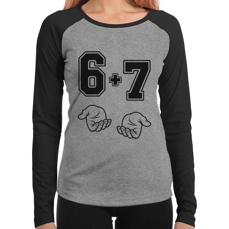 Baby Look Raglan 6 + 7 Six Seven PT 13 Manga Longa - Cinza/Preto