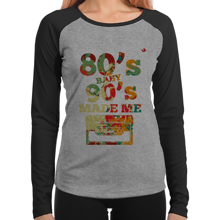 Baby Look Raglan 80's Baby 90's made me Manga Longa - Cinza/Preto