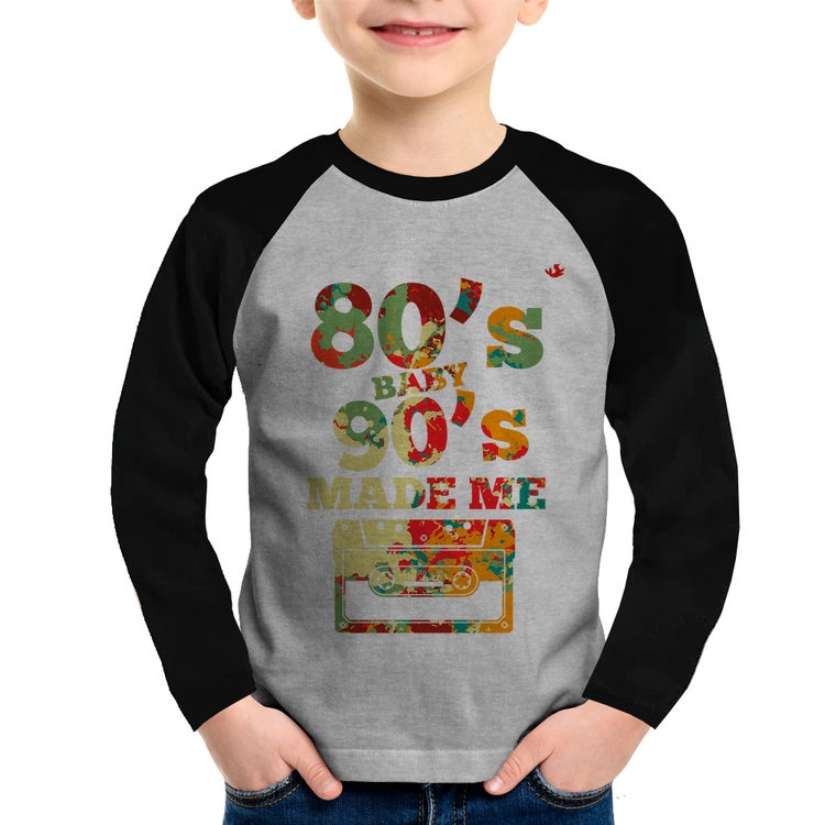 Camiseta Raglan Infantil 80's Baby 90's made me Manga Longa - Cinza/Preto