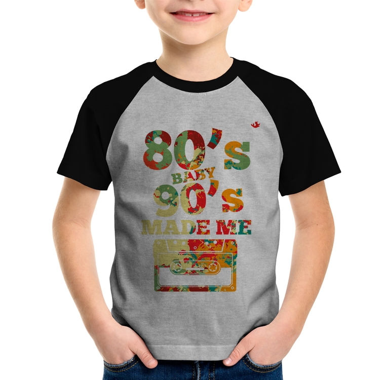 Camiseta Raglan Infantil 80's Baby 90's made me - Cinza/Preto