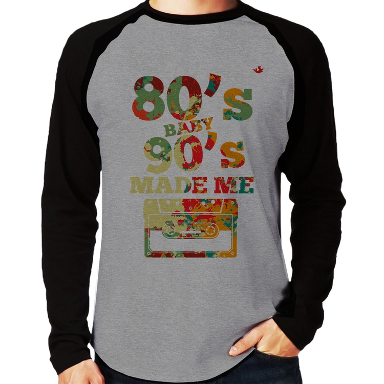 Camiseta Raglan 80's Baby 90's made me Manga Longa - Cinza/Preto
