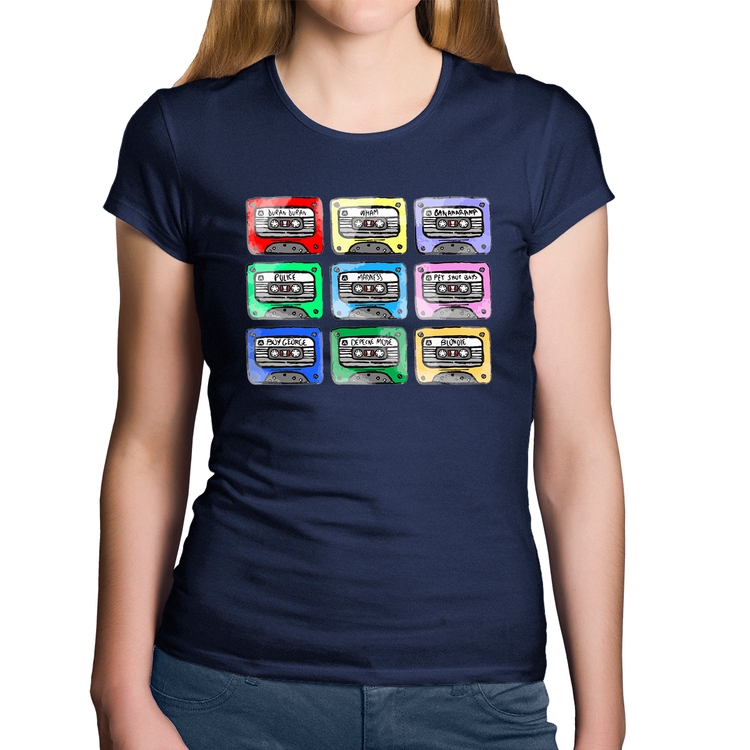 Baby Look Algodão 80's Cassette Tapes - Marinho