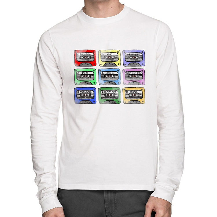 Camiseta Algodão 80's Cassette Tapes Manga Longa - Branca