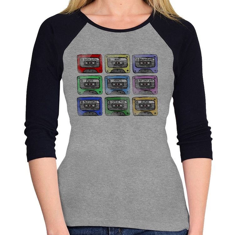 Baby Look Raglan 80's Cassette Tapes Manga 3/4 - Cinza/Preto