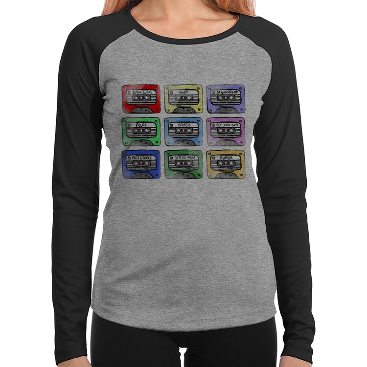 Baby Look Raglan 80's Cassette Tapes Manga Longa - Cinza/Preto