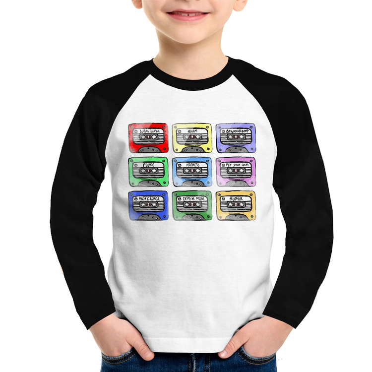 Camiseta Raglan Infantil 80's Cassette Tapes Manga Longa