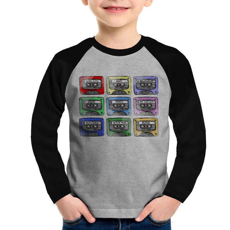 Camiseta Raglan Infantil 80's Cassette Tapes Manga Longa - Cinza/Preto