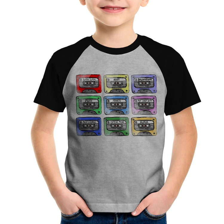 Camiseta Raglan Infantil 80's Cassette Tapes - Cinza/Preto