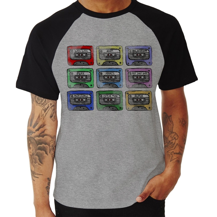Camiseta Raglan 80's Cassette Tapes - Cinza/Preto