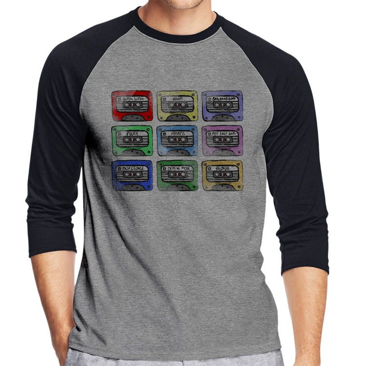 Camiseta Raglan 80's Cassette Tapes Manga 3/4 - Cinza/Preto