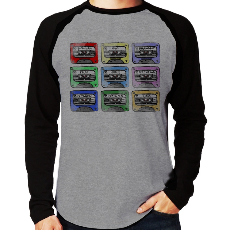 Camiseta Raglan 80's Cassette Tapes Manga Longa - Cinza/Preto