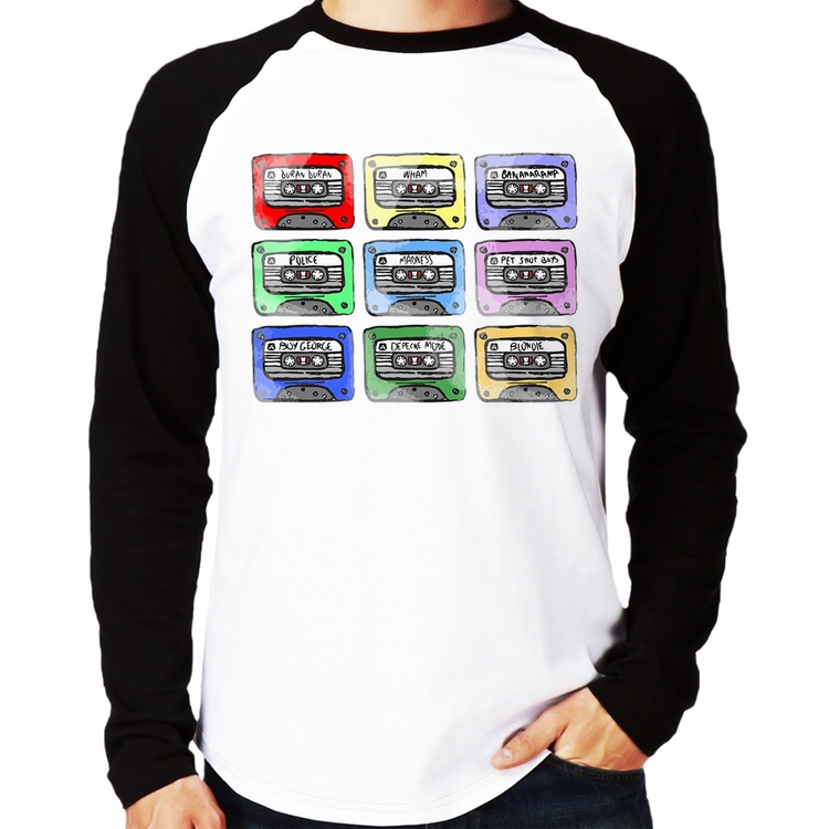 Camiseta Raglan 80's Cassette Tapes Manga Longa