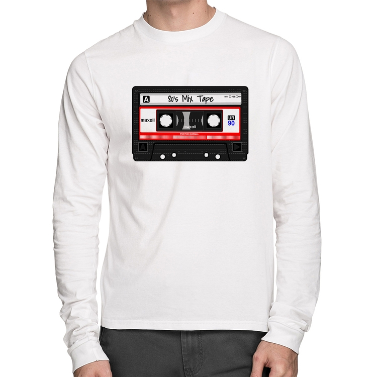 Camiseta Algodão 80's Mix Tape Manga Longa - Branca
