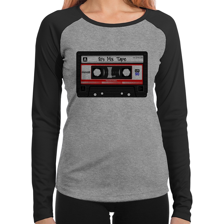 Baby Look Raglan 80's Mix Tape Manga Longa - Cinza/Preto