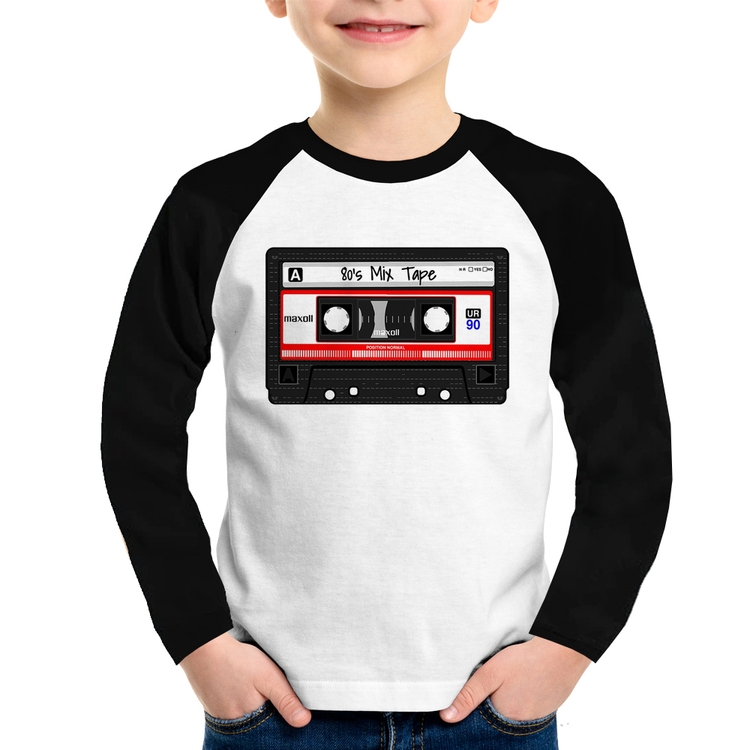 Camiseta Raglan Infantil 80's Mix Tape Manga Longa