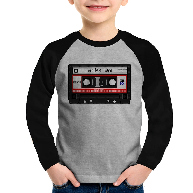 Camiseta Raglan Infantil 80's Mix Tape Manga Longa - Cinza/Preto