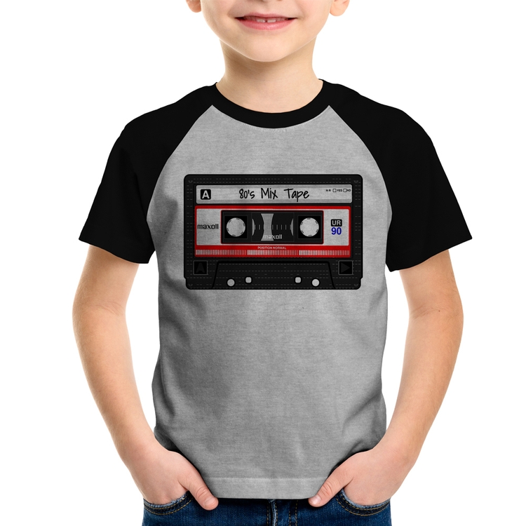 Camiseta Raglan Infantil 80's Mix Tape - Cinza/Preto
