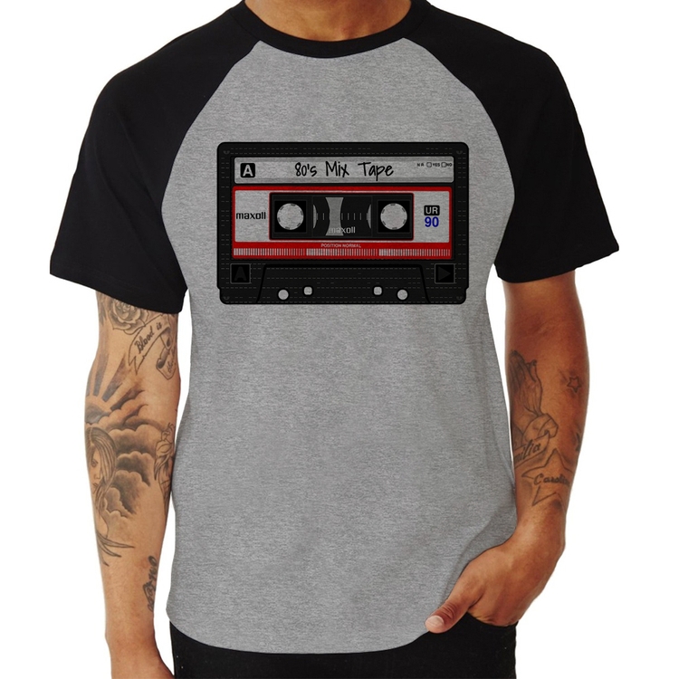 Camiseta Raglan 80's Mix Tape - Cinza/Preto