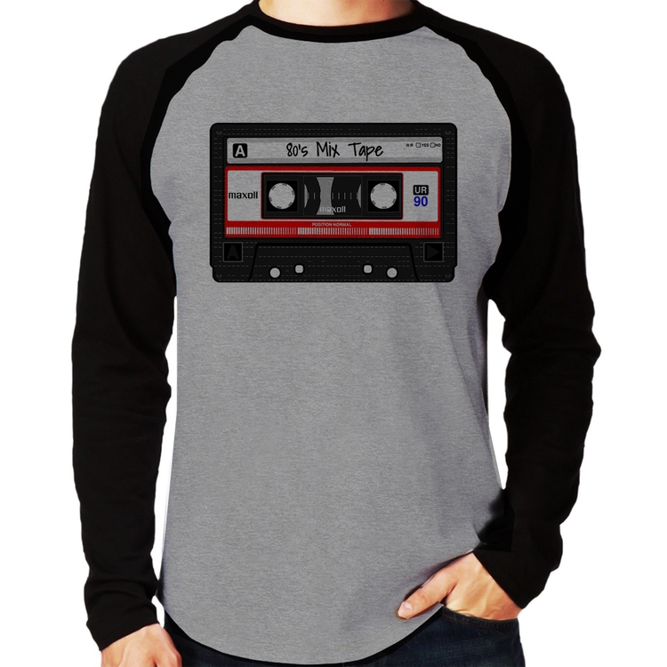 Camiseta Raglan 80's Mix Tape Manga Longa - Cinza/Preto