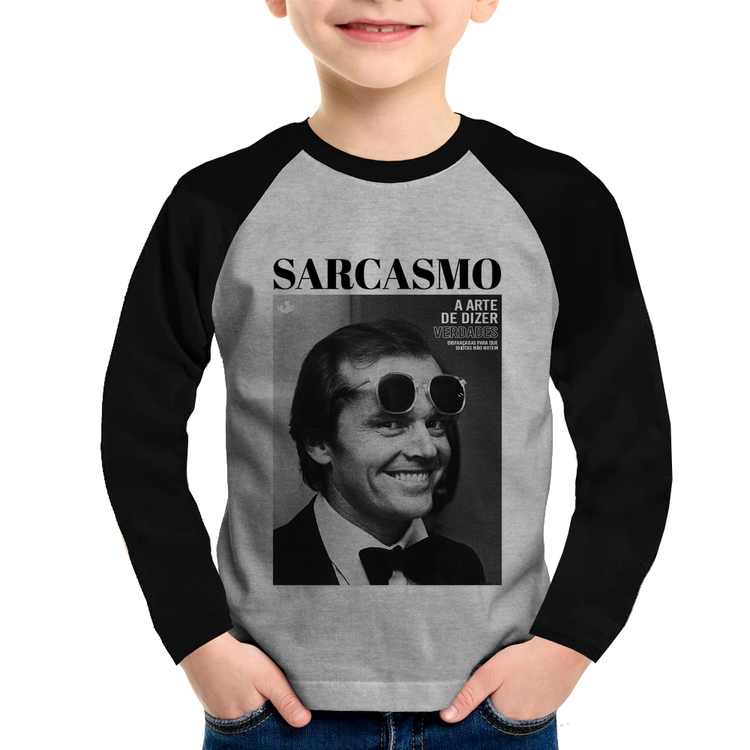 Camiseta Raglan Infantil A arte do sarcasmo Manga Longa - Cinza/Preto