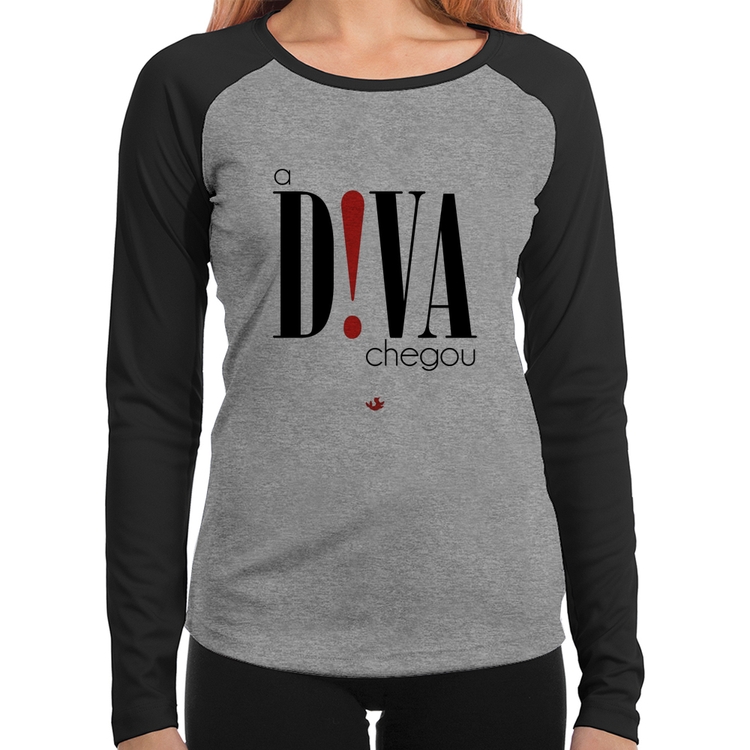 Baby Look Raglan A Diva Chegou Manga Longa - Cinza/Preto