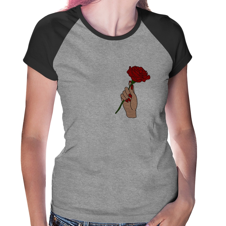 Baby Look Raglan A Rose for you - Cinza/Preto