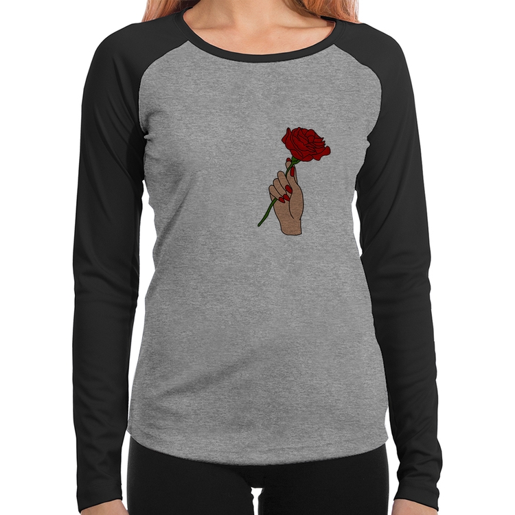 Baby Look Raglan A Rose for you Manga Longa - Cinza/Preto