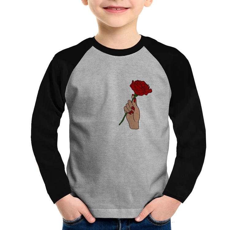 Camiseta Raglan Infantil A Rose for you Manga Longa - Cinza/Preto
