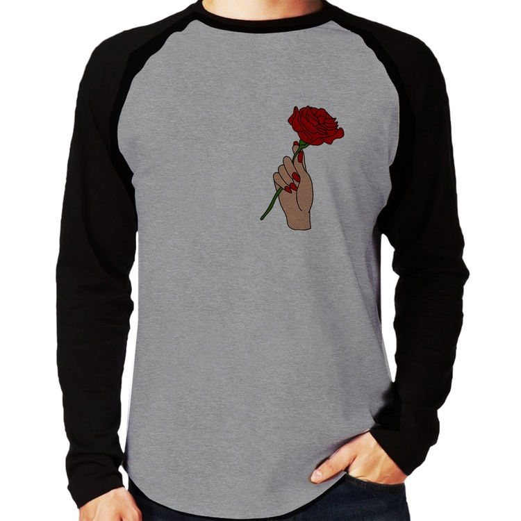 Camiseta Raglan A Rose for you Manga Longa - Cinza/Preto