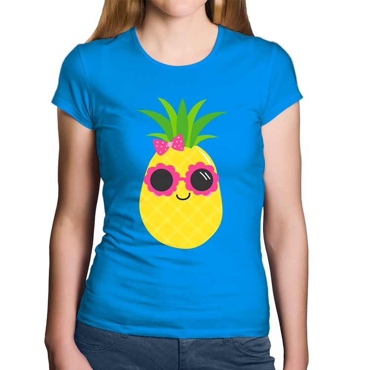 Baby Look Algodão Abacaxi Óculos e Laço - Azul