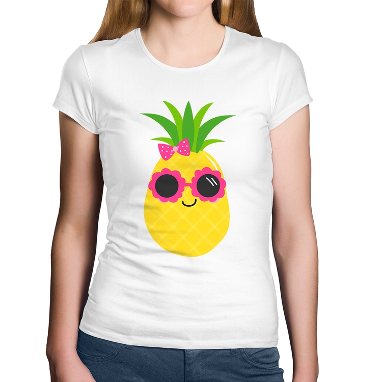 Baby Look Algodão Abacaxi Óculos e Laço - Branca