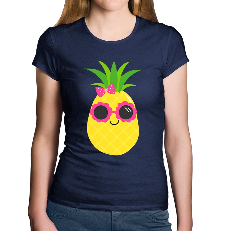 Baby Look Algodão Abacaxi Óculos e Laço - Marinho