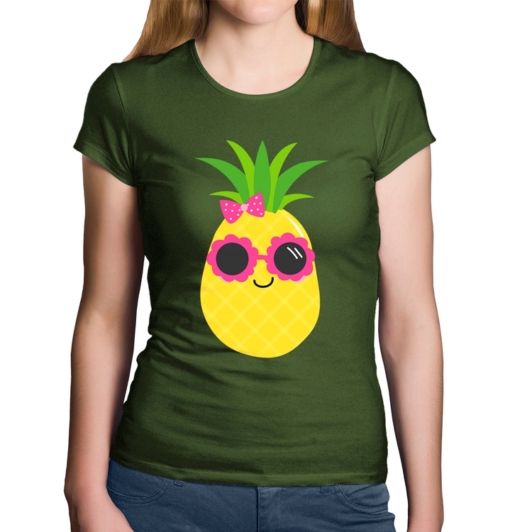 Baby Look Algodão Abacaxi Óculos e Laço - Musgo