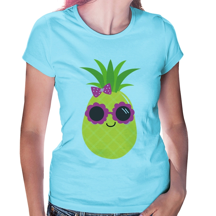 Baby Look Abacaxi Óculos e Laço - Azul Bebê