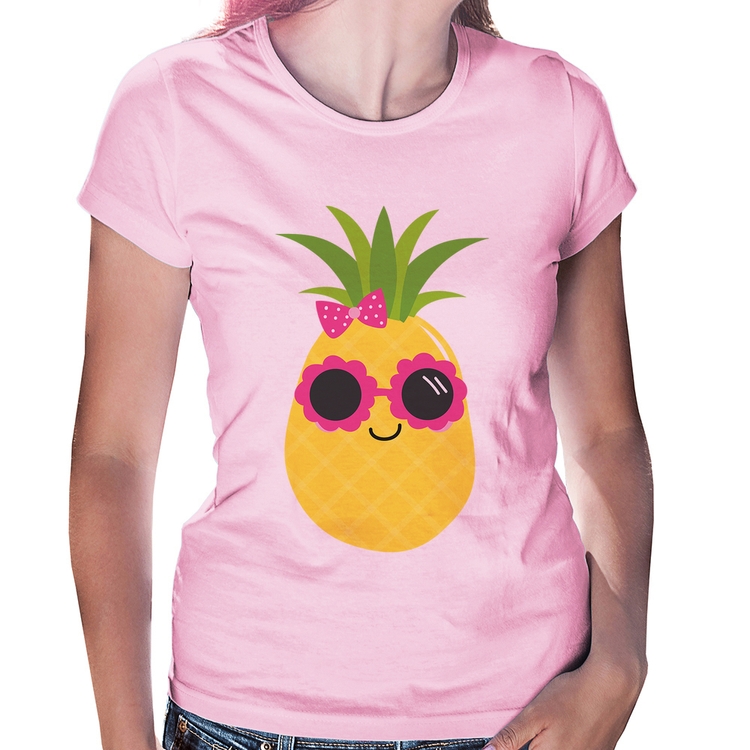 Baby Look Abacaxi Óculos e Laço - Rosa Bebê