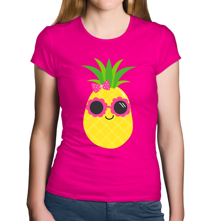 Baby Look Algodão Abacaxi Óculos e Laço - Rosa