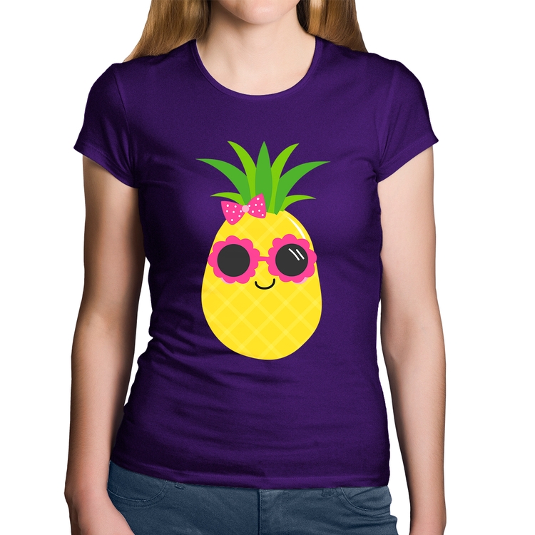 Baby Look Algodão Abacaxi Óculos e Laço - Roxa