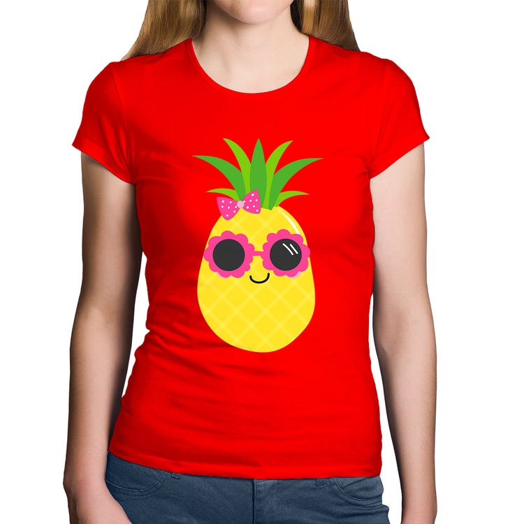 Baby Look Algodão Abacaxi Óculos e Laço - Vermelha