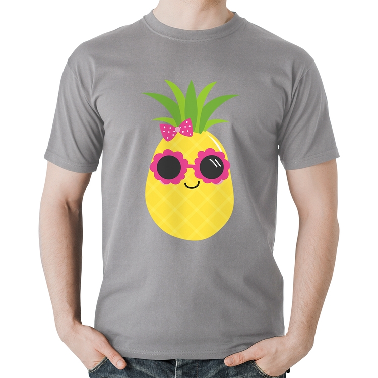 Camiseta Algodão Abacaxi Óculos e Laço - Cinza