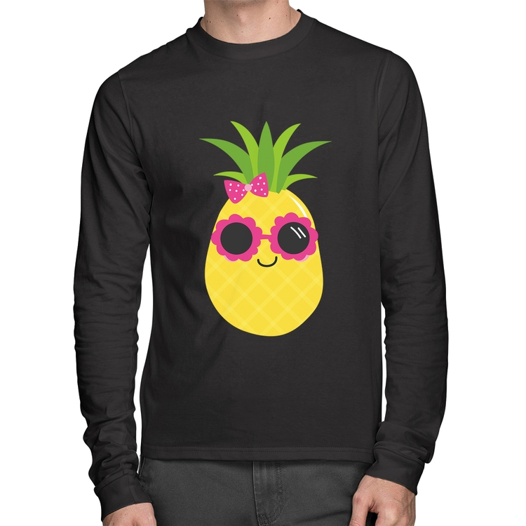 Camiseta Algodão Abacaxi Óculos e Laço Manga Longa