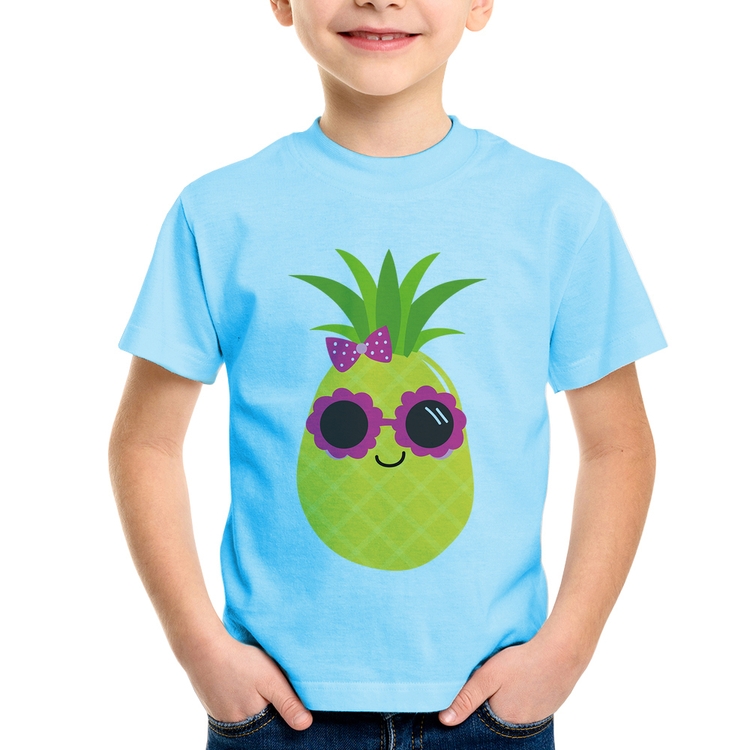 Camiseta Infantil Abacaxi Óculos e Laço - Azul Bebê