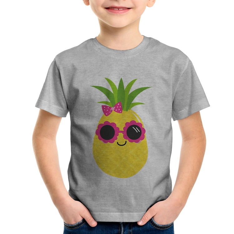 Camiseta Infantil Abacaxi Óculos e Laço - Cinza