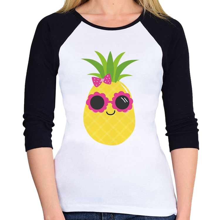 Baby Look Raglan Abacaxi Óculos e Laço Manga 3/4