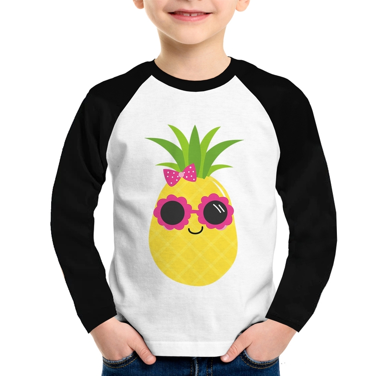 Camiseta Raglan Infantil Abacaxi Óculos e Laço Manga Longa